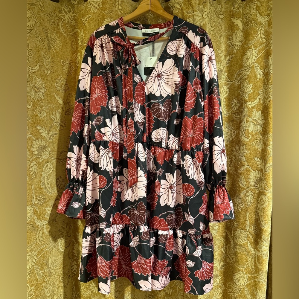 Eloquii Black and Pink Floral Midi Dress